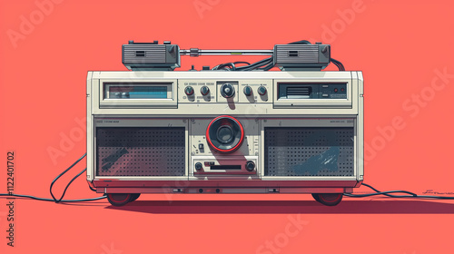 Vintage flat stereo close-up on a vivid orange background, focusing on its detailed craftsmanship and retro styling photo