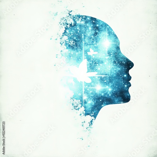 Abstract profile of a woman's head filled with a starry night sky, butterflies and light. photo