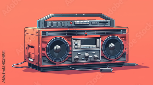 Close-up view of a vintage flat stereo, featuring sleek design and retro aesthetics with a bold orange background for contrast photo