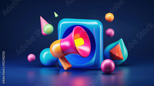 Fun, colorful, and bubbly mobile game announcement button with a 2D loudspeaker on a 3D blue rounded square, perfect for playful designs photo