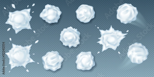 Snowballs and splats realistic vector icons set. Spheres of snow for active winter game 3d objects bundle on transparent background