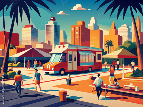 colorful illustration of a bustling food truck court surrounded by colorful murals. photo