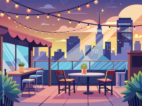 colorful illustration of a chic rooftop café with string lights and a view of the skyline.