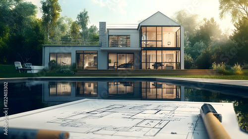 Architectural drawings with house plan and folding rule