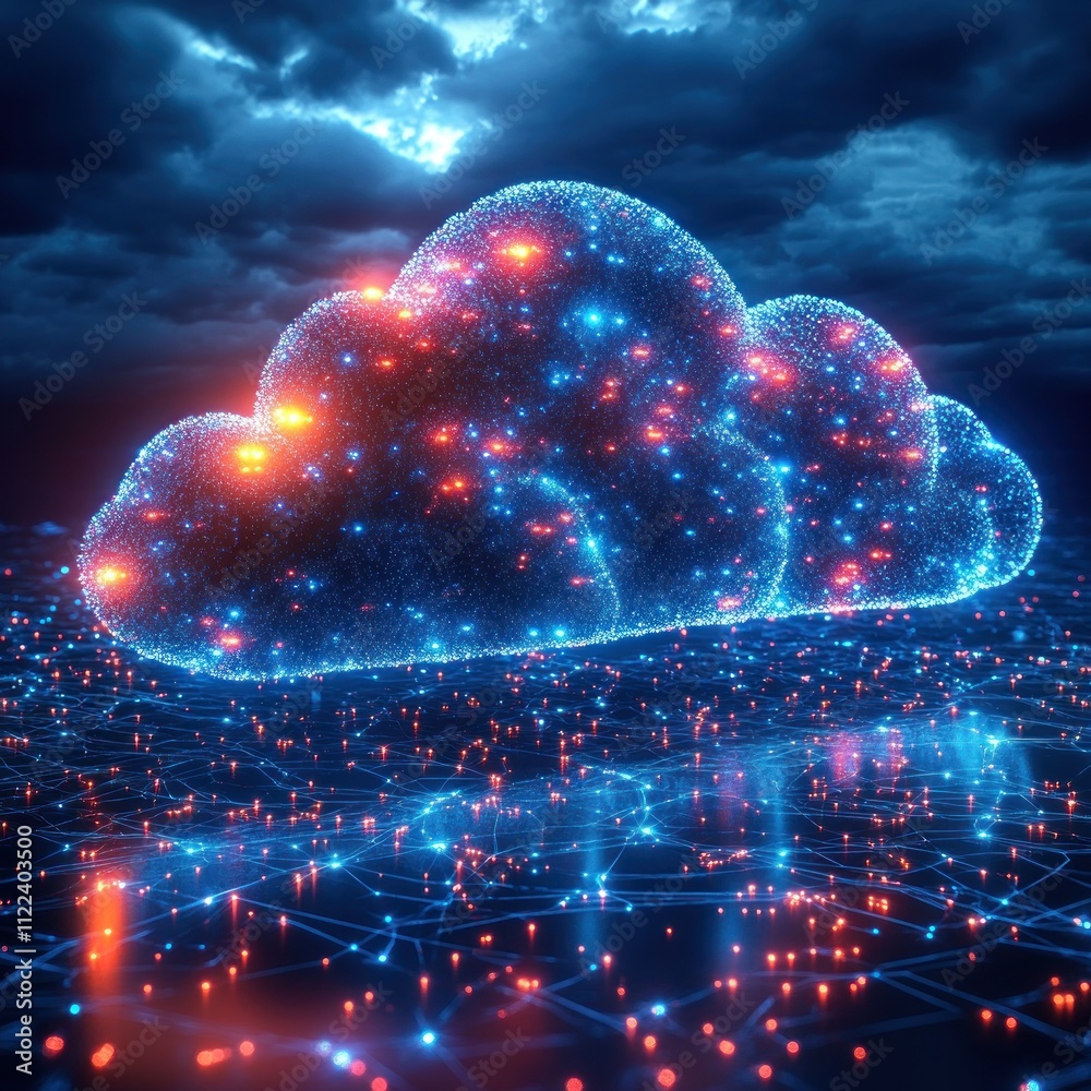 A digital cloud representation with glowing particles, symbolizing data storage and technology.