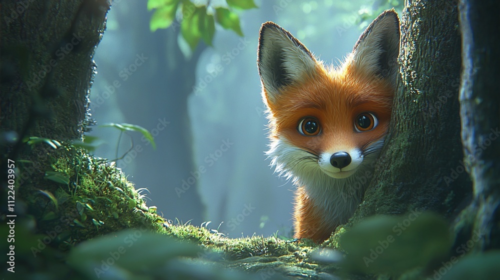 Fototapeta premium Adorable fox kit peeking from forest foliage.