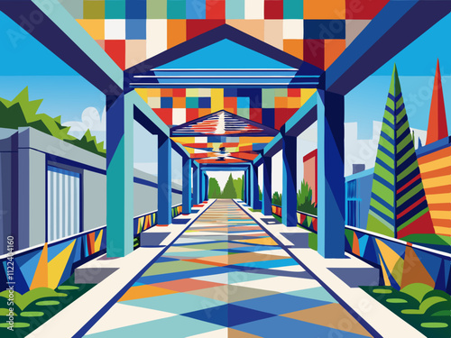 colorful illustration of a modern pedestrian walkway with geometric patterns and urban art.