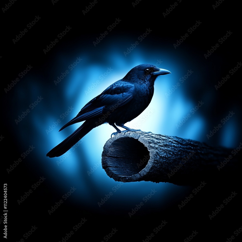 Fototapeta premium Black bird perched on a log at night.
