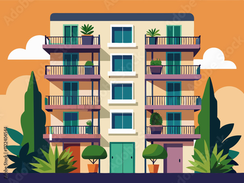 colorful illustration of a stylish apartment building with balconies adorned with greenery.