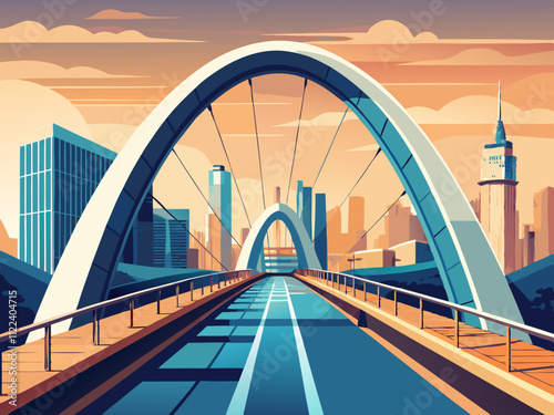 colorful illustration of a pedestrian bridge with a futuristic design arching over a city street.