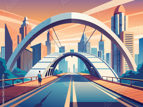 colorful illustration of a pedestrian bridge with a futuristic design arching over a city street.