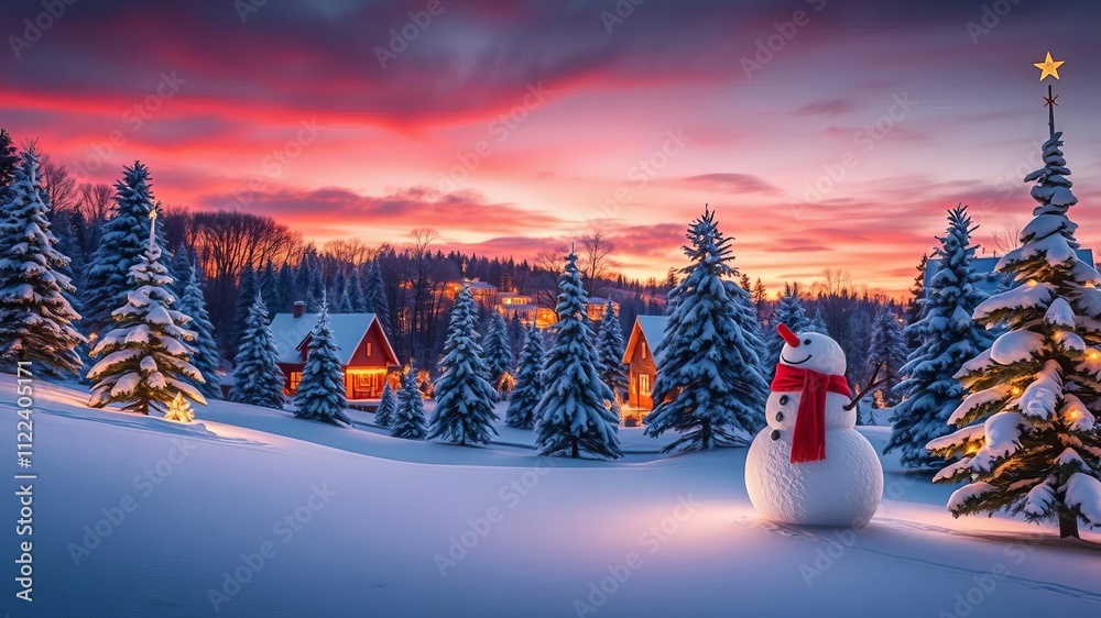Fototapeta premium Snowman standing in winter village with festive decorations, twinkling lights, and snow-covered trees at dusk, village, decorations