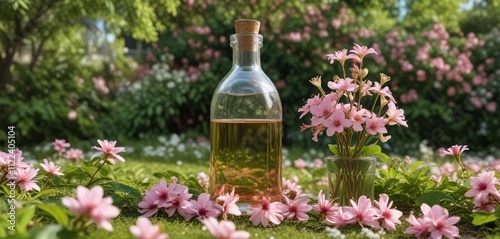 Aesculus carnea Briotii aesculus hippocastanum oil bottle with fresh pink flowers in a garden, plant oil, pink flowers, garden oil photo