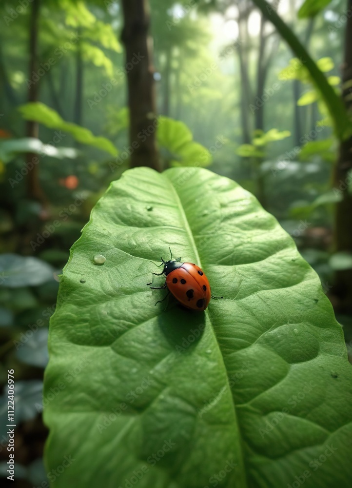 Fototapeta premium Red ladybug on a large green leaf in the forest, trees, tree, plant