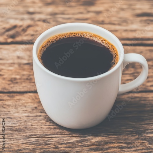 Close-up of a full cup of black coffee on a rustic wooden table. photo