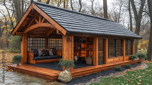 Cozy wooden outdoor pavilion with seating area, surrounded by autumn foliage.