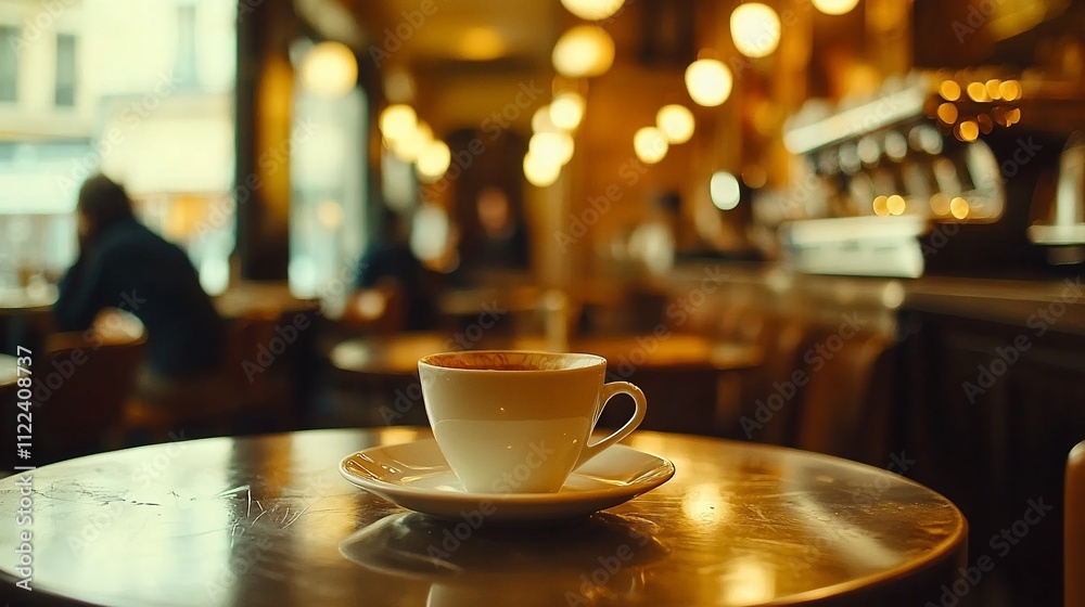 Fototapeta premium A cappuccino sits on a table in a bustling Parisian cafe.