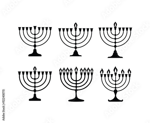 Menorah Silhouette Collection Vector Template with Flames