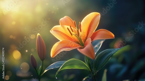 A radiant orange lily flower blooming with vivid petals and elegant green leaves under soft natural light