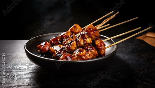 A high contrast image of a plate of yakitori, skewered chicken glazed with teriyaki sauce, lit dramatically to emphasize its rich color and texture. photo