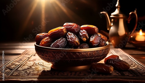 A high contrast photo of a bowl of dates in a traditional Middle Eastern setting, with dramatic lighting highlighting the rich texture and color of the dates. photo