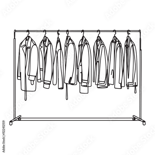 One continuous single drawing line of coat rack with hanging jackets