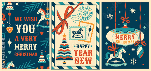 Set of vintage Christmas greeting card or banner templates. Decorative ribbons, bright bows and snowflakes. Festive vertical frames for text and holiday greetings. Nostalgia Posters or Postcards