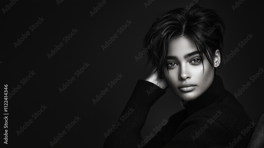 High-end fashion photography of a person confidently sitting on a chair in a modern studio, with a dramatic black and white monochrome effect, captured with intricate studio lighting High-end fashion photography of a person confidently sitting on a chair in a modern studio, with a dramatic black and white monochrome effect, captured with intricate studio lighting