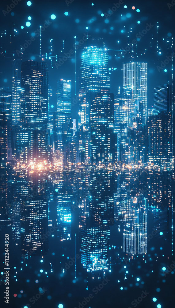 Obraz premium serene water surface mirroring high tech cityscape at night
