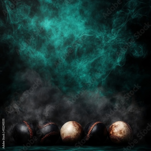 Four vintage baseballs sit in smoky, teal-lit setting.