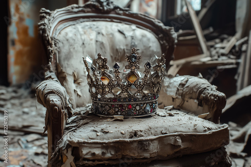 A tarnished silver crown sits on an old armchair, surrounded by dust and remnants of a once-elegant room