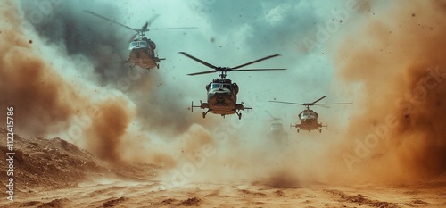Four military helicopters flying through a dust storm in a desert. photo
