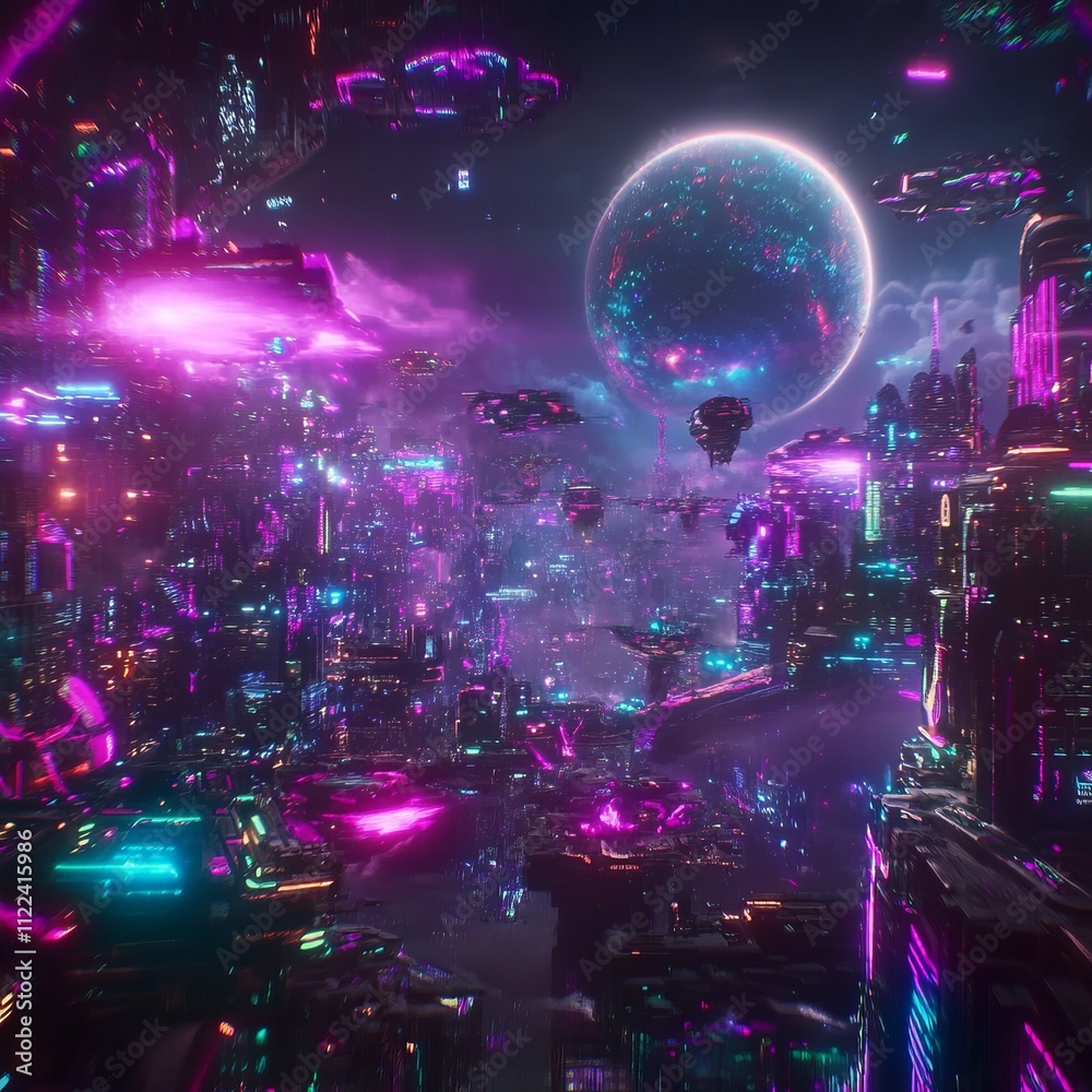 Obraz premium Futuristic city skyline at night with flying vehicles and a large moon.