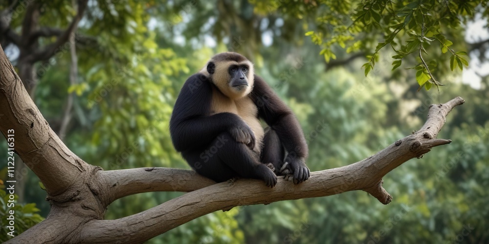 Fototapeta premium A Bornean white-bearded gibbon resting on a curved branch of a tall tree, canopy, slow-moving, arboreal
