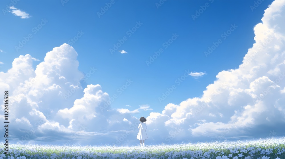 Fototapeta premium A young girl in a white dress gazes at fluffy clouds in a scenic field of blue flowers.