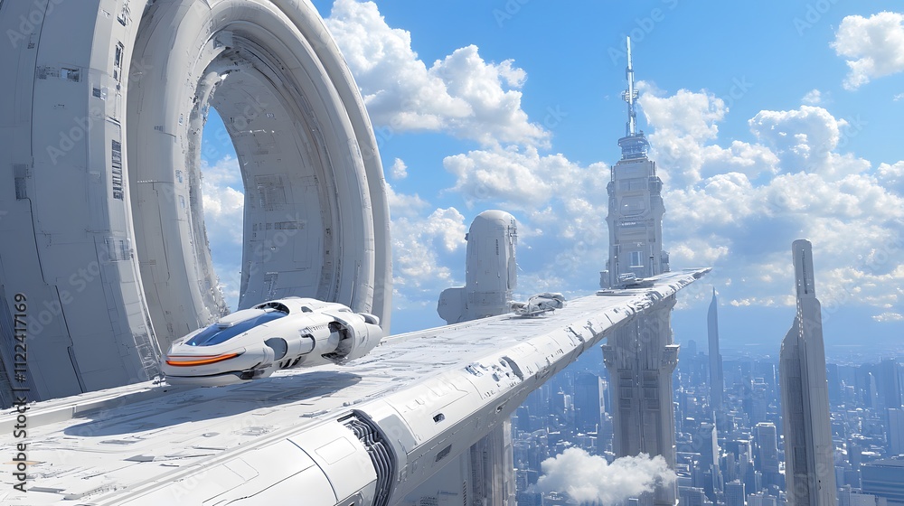 Fototapeta premium Futuristic cityscape featuring sleek vehicles and towering skyscrapers under a bright sky.