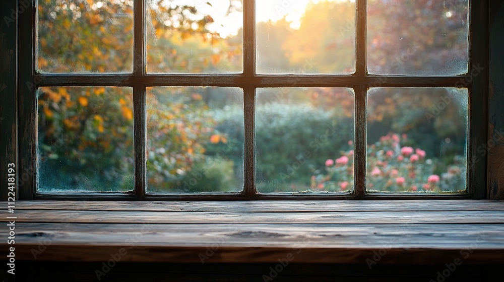 Fototapeta premium Morning Light Through Window with Flowers and Wooden Table