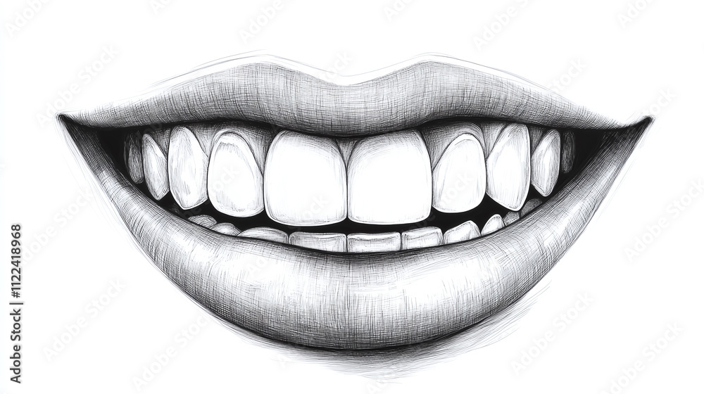 Fototapeta premium Cheerful smile teeth coloring, playful page book drawing outline, whimsical sketch mouth happy cute, adorable fun delightful, charming animated joyful.