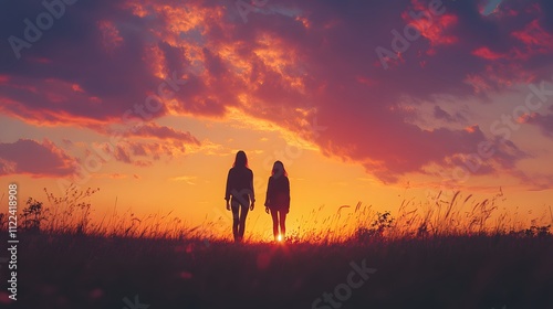 Two women silhouetted against a vibrant sunset sky.