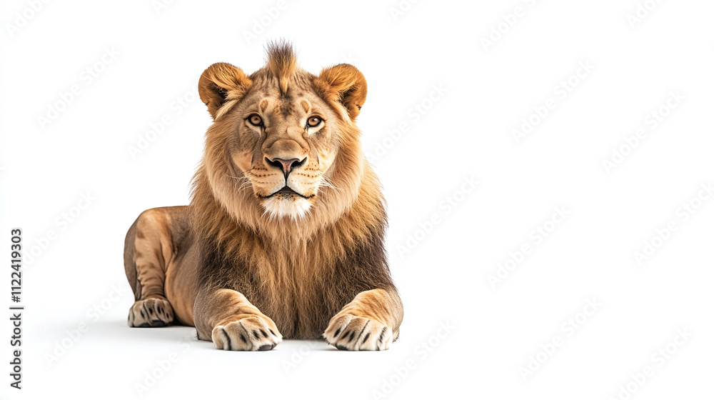 Obraz premium Full body lion front view portrait, lying down, isolated on white background. wild male carnivore predator cat animal with mane, africa jungle king, danger, power, big, resting and relaxing.