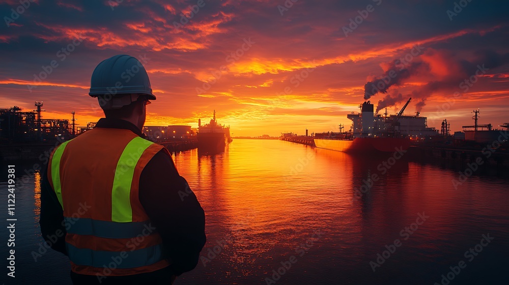 Fototapeta premium Sunset industrial scene worker at port landscape photography calm