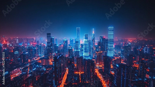 Wallpaper Mural Futuristic city night wallpaper with aerial view, blue neon lit skyscrapers against dark sky, cyberpunk urban landscape, glowing downtown skyline, modern metropolis with illuminated light streets. Torontodigital.ca
