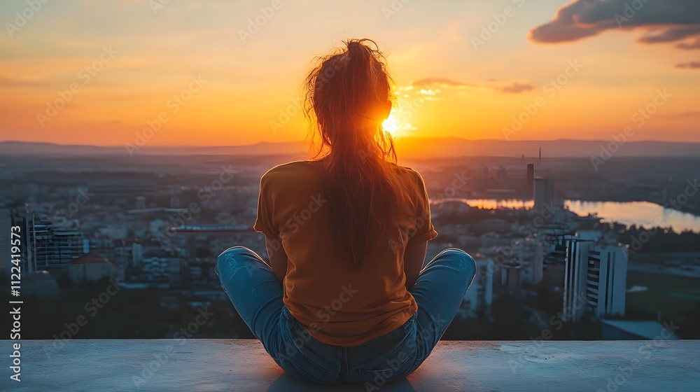 Fototapeta premium A young woman enjoys a sunset view over a city skyline, radiating tranquility.