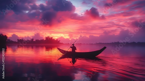 A lone figure paddling in a boat at sunset over a vibrant, colorful sky.