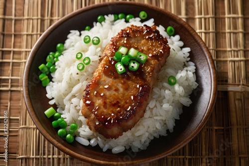 Golden pork cutlet on white rice, drizzled with sweet soy sauce and topped with green onions. photo