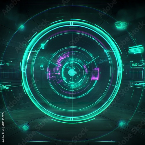 Futuristic HUD interface with glowing circles and digital elements.