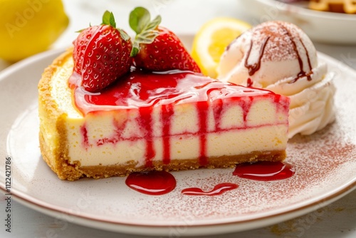 Indulge in creamy strawberry cheesecake with ice cream and tiramisu waffle for a perfect dessert experience photo