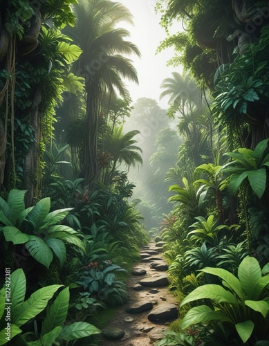 Lush green jungle with exotic plants and vines, vines, lush green