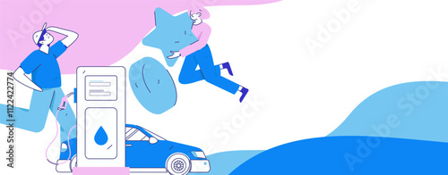 Vector Internet operation hand-drawn illustration of people getting discounts for refueling their cars
