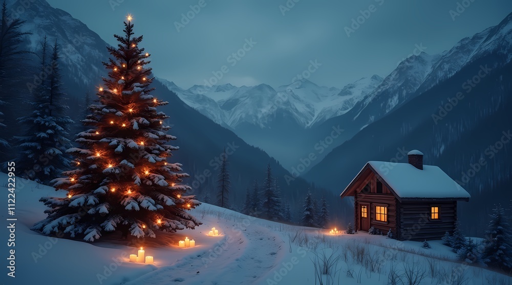 Fototapeta premium Christmas tree stands in the snow next to a lonely romantic hut in the mountains
